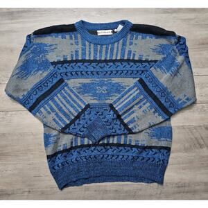 Vintage Saturdays Geometric Crew Knit Sweater Grey Blue Retro Pullover Mens M